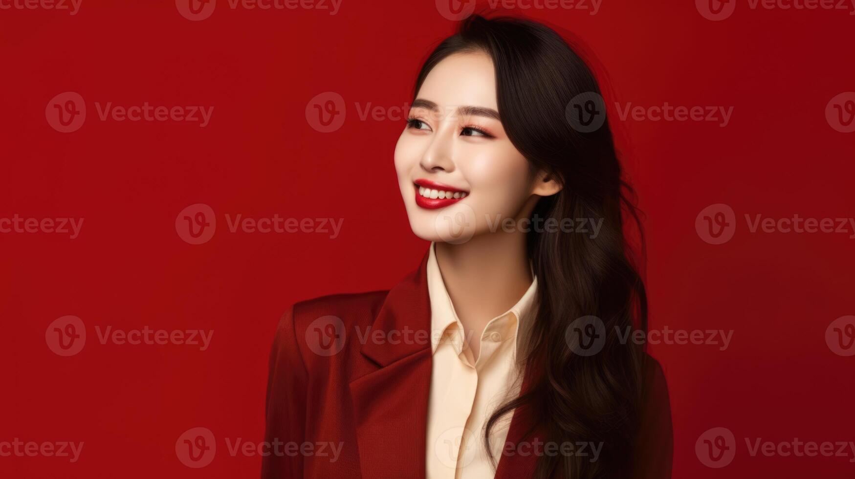 AI generated asian woman in business suit with red background, ai photo