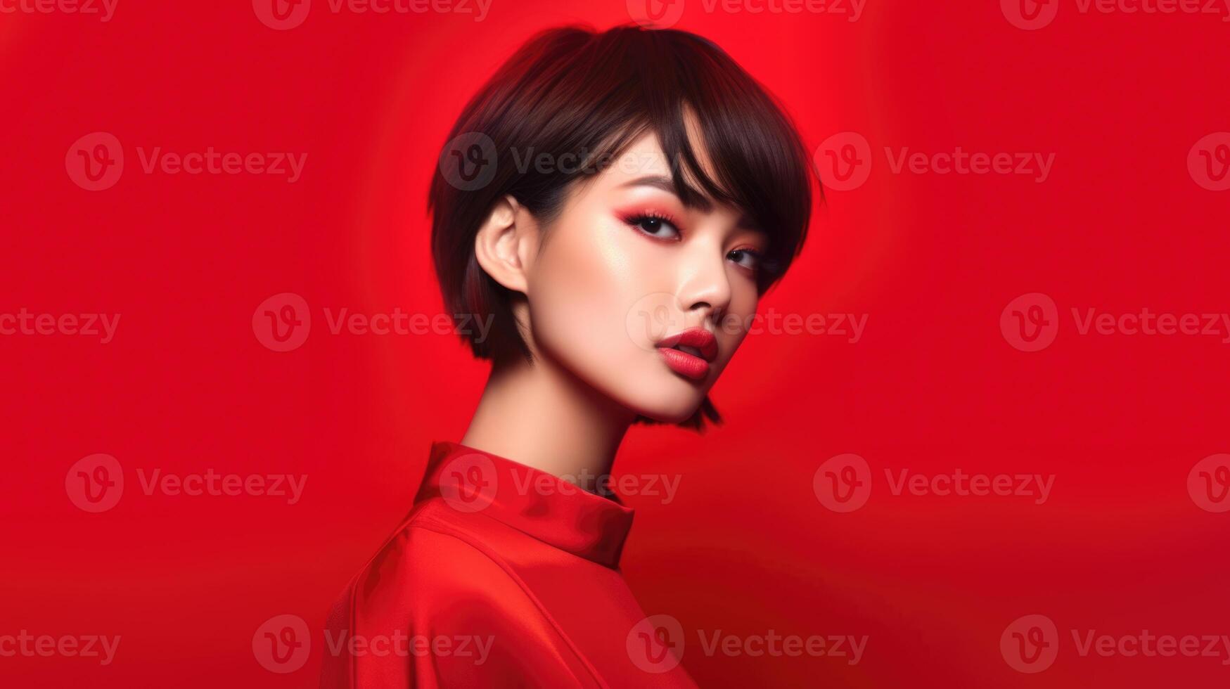 AI generated asian woman in business suit with red background, ai photo