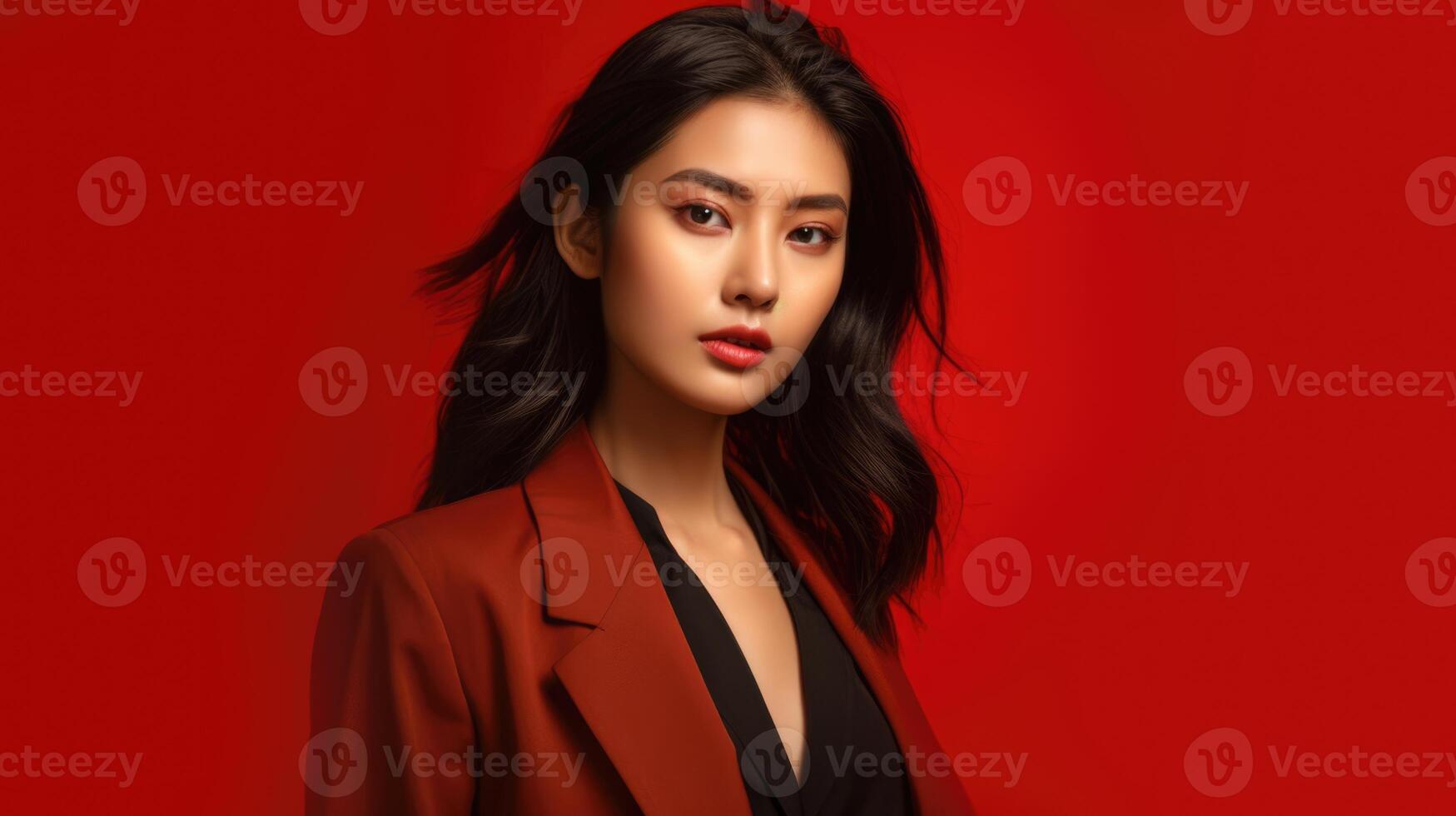 AI generated asian woman in business suit with red background, ai photo