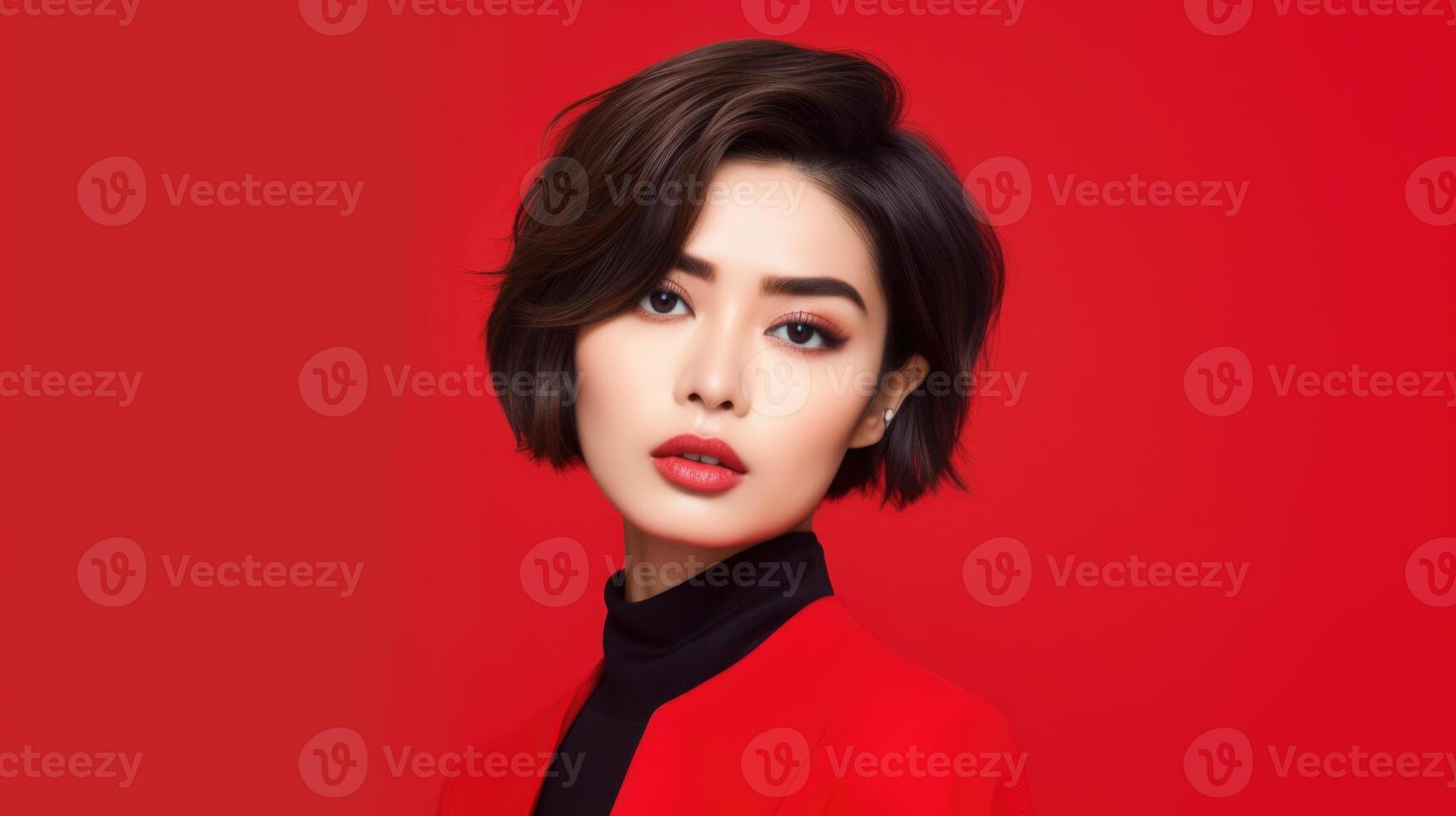 AI generated asian woman in business suit with red background, ai photo