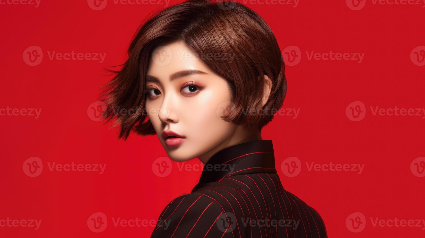 AI generated asian woman in business suit with red background, ai photo