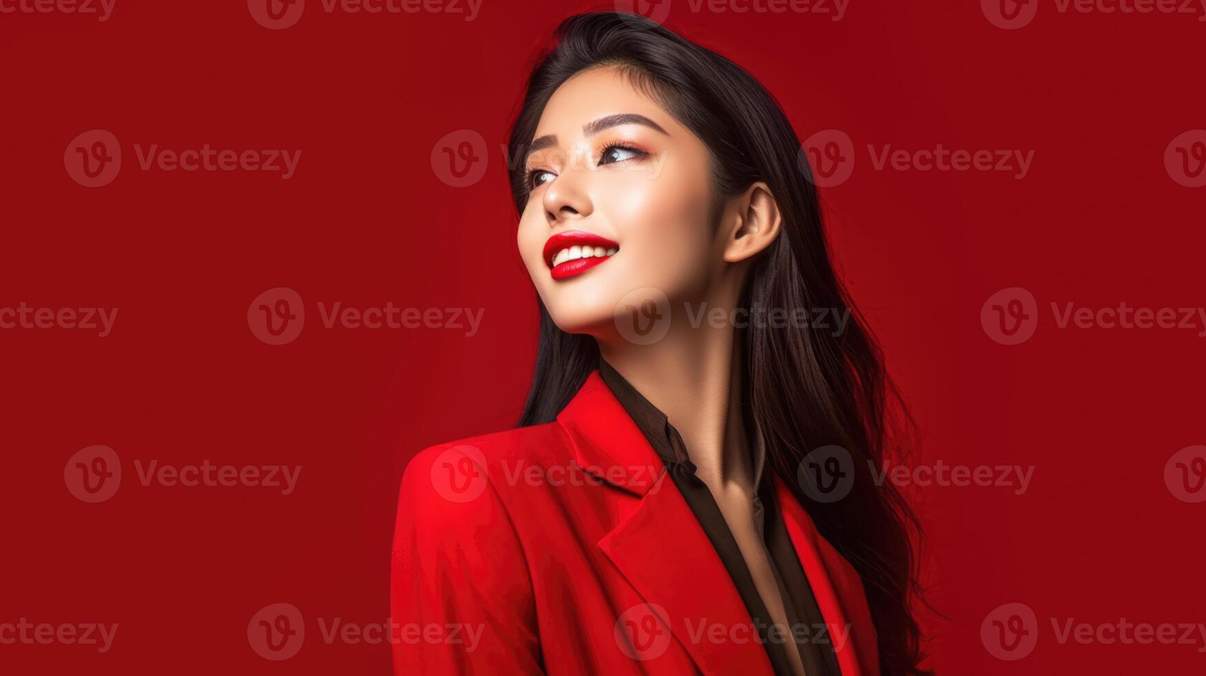 AI generated asian woman in business suit with red background, ai photo