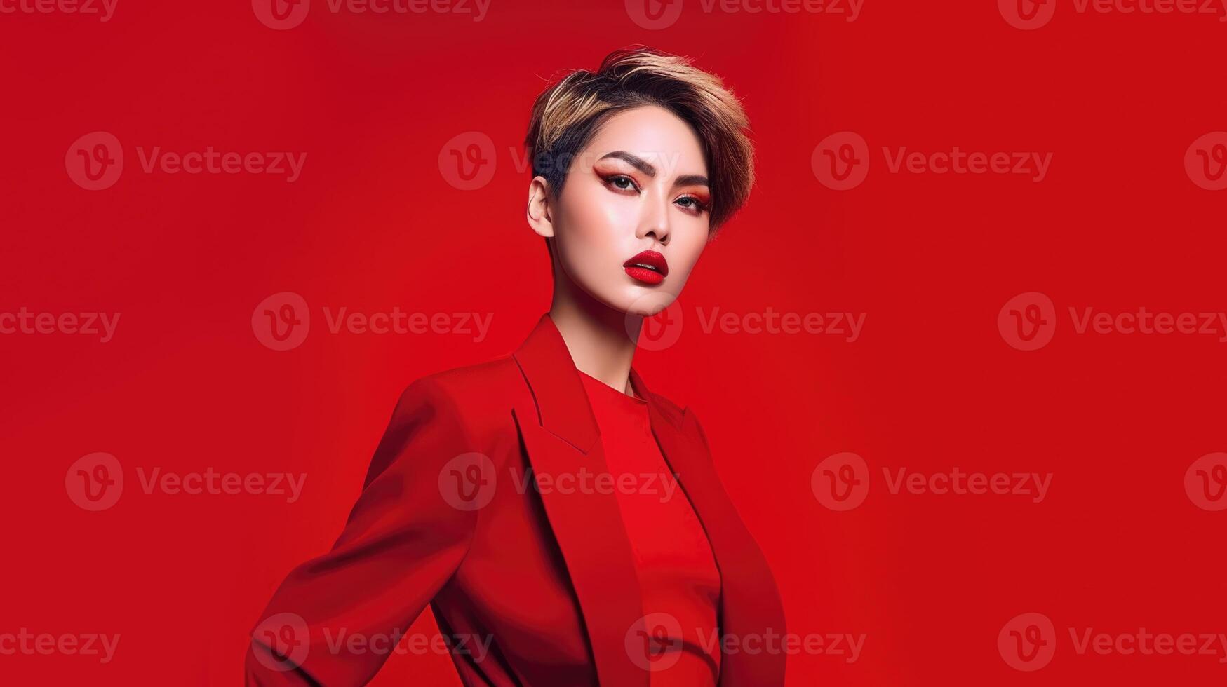 ai generado asiático mujer en negocio traje con rojo fondo, ai foto