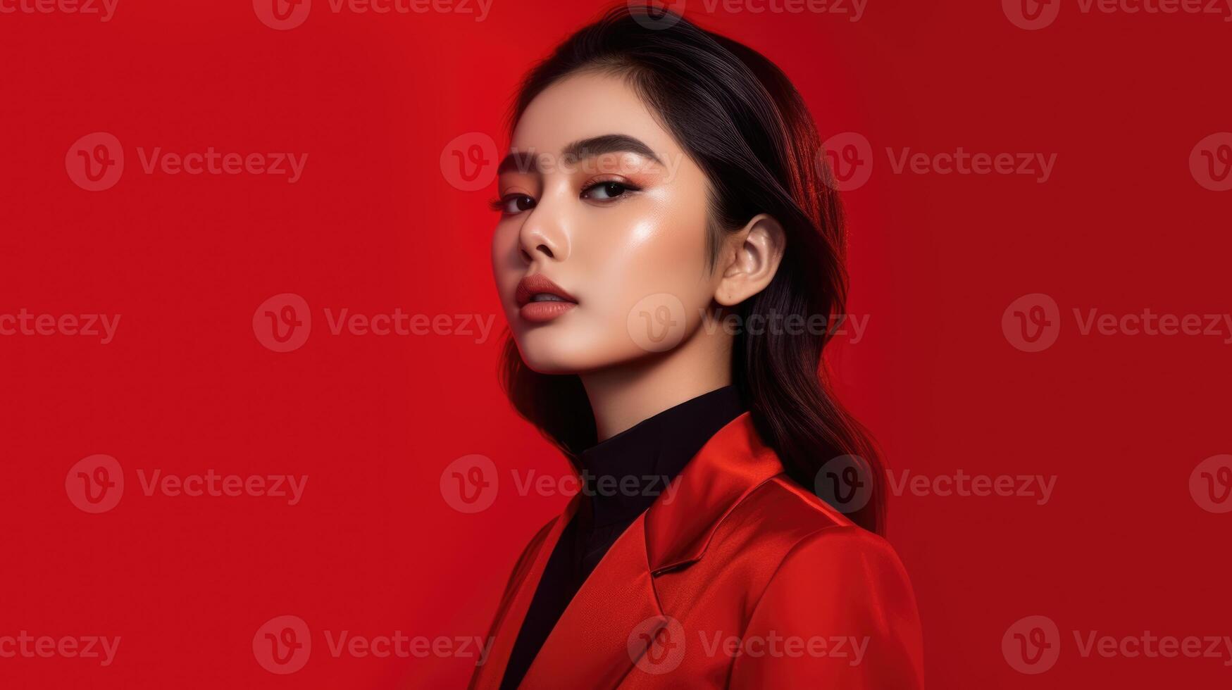 AI generated asian woman in business suit with red background, ai photo