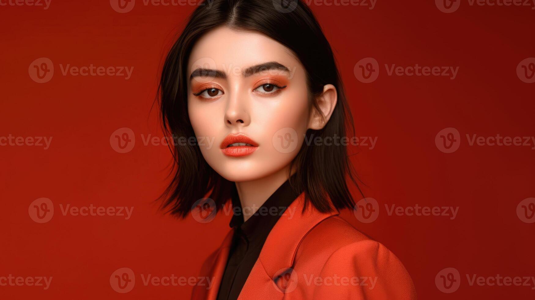 AI generated asian woman in business suit with red background, ai photo