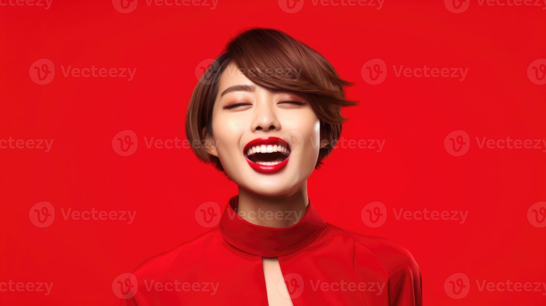 AI generated asian woman in business suit with red background, ai photo
