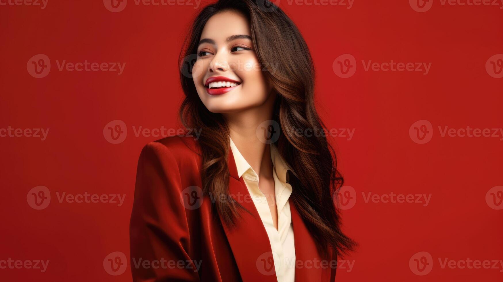 AI generated asian woman in business suit with red background, ai photo
