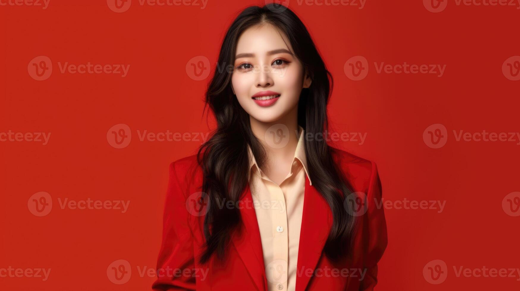 AI generated asian woman in business suit with red background, ai photo