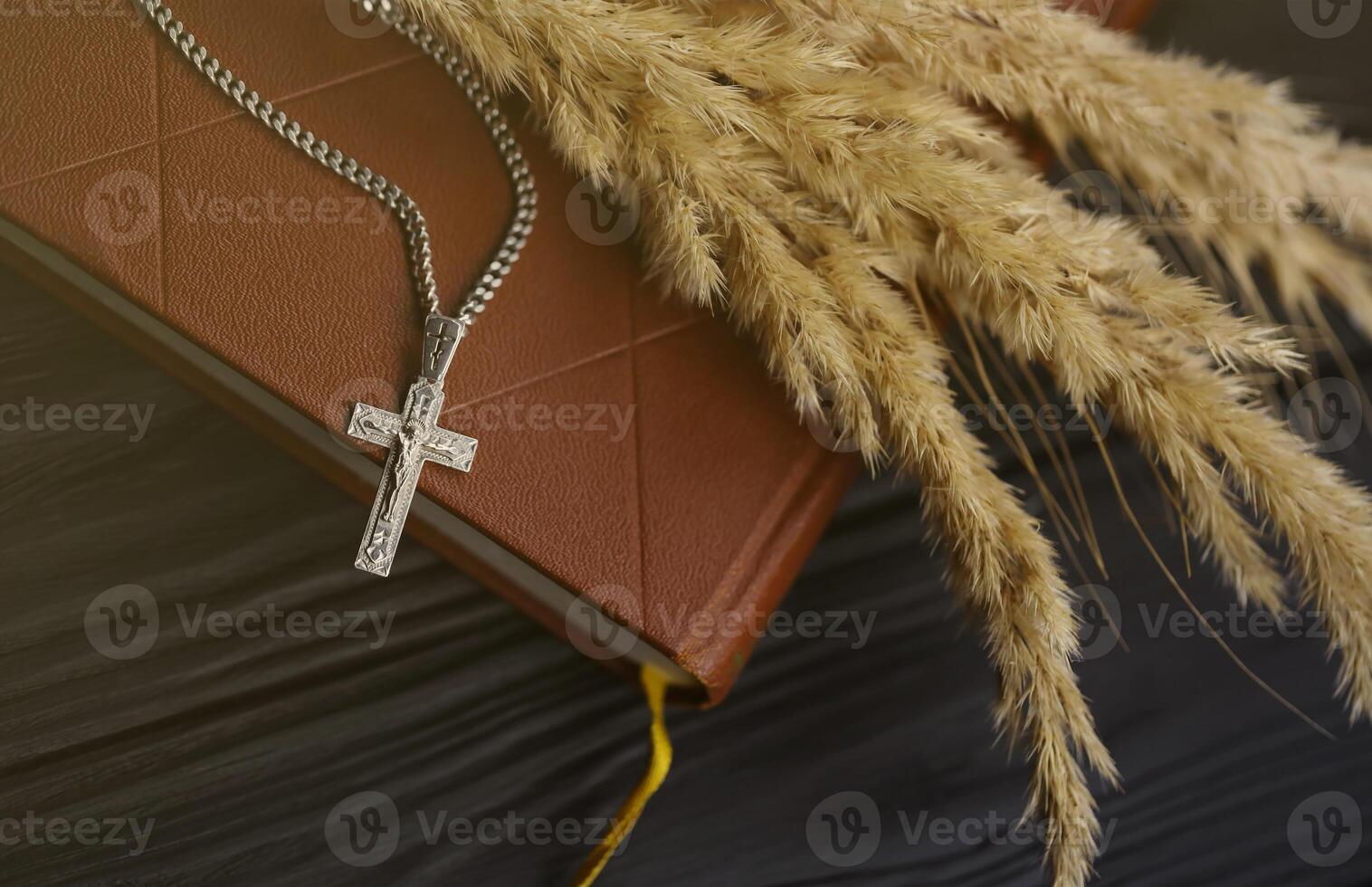 Silver necklace with crucifix cross on christian holy bible book on black wooden table. Asking blessings from God with the power of holiness photo