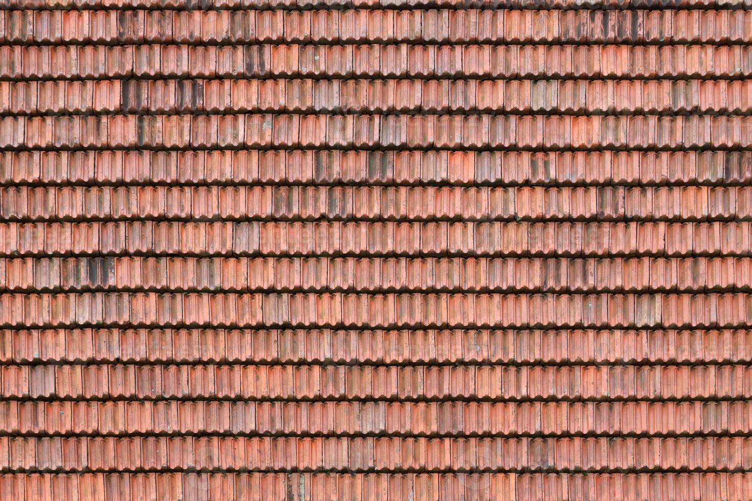 Close up of red terracotta roof shingles with some mildew. Background texture of roofing material photo