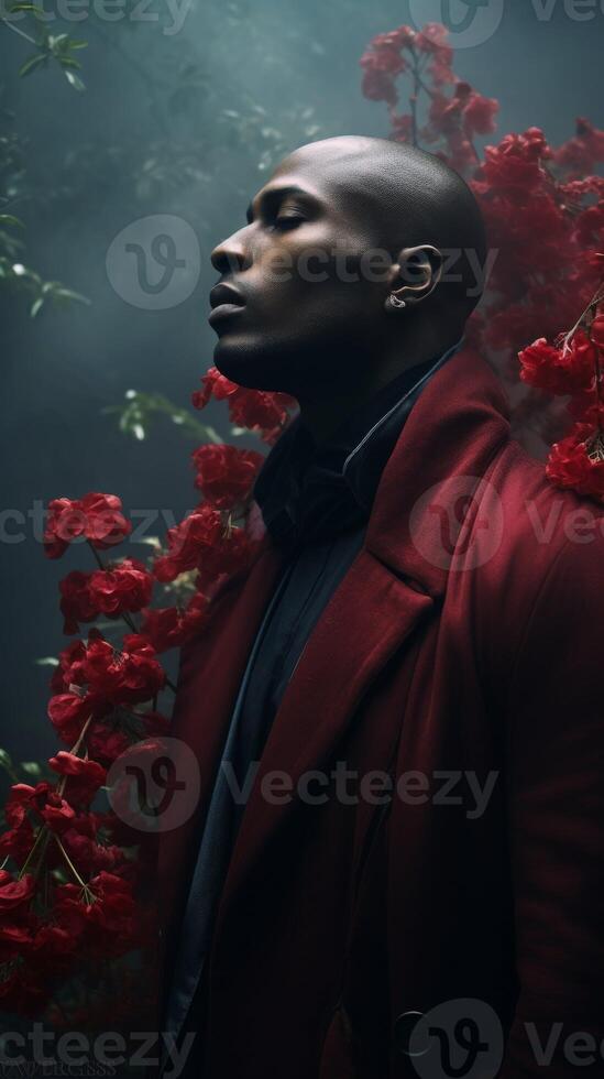 AI generated Man Standing in Front of Red Flowers photo