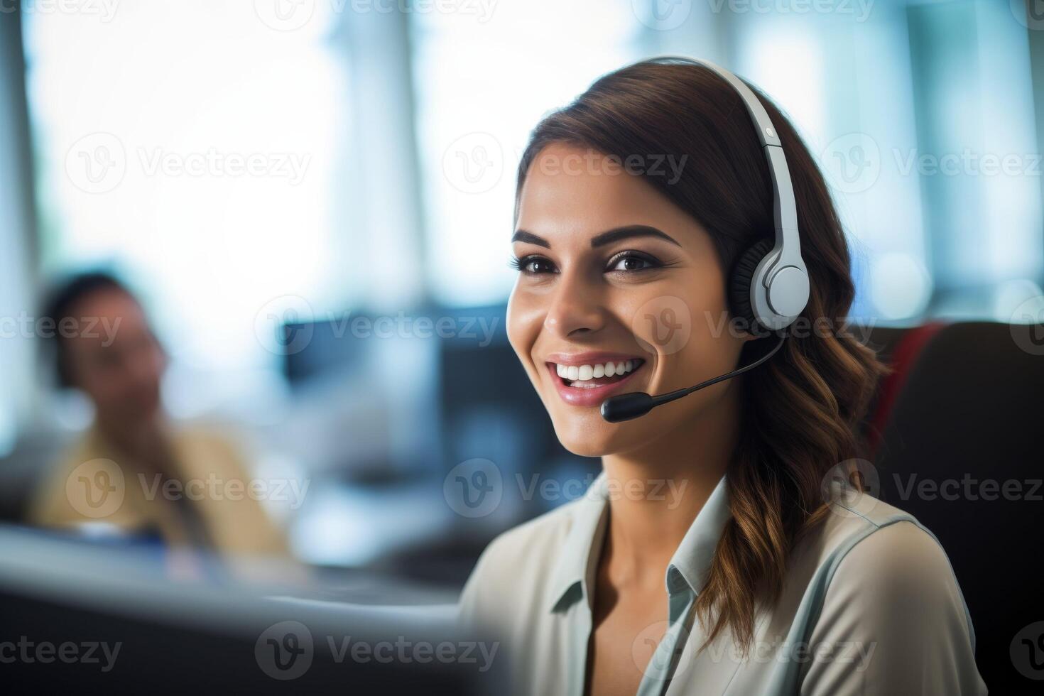 AI generated Smiling Woman in a Call Center Wearing Headset photo