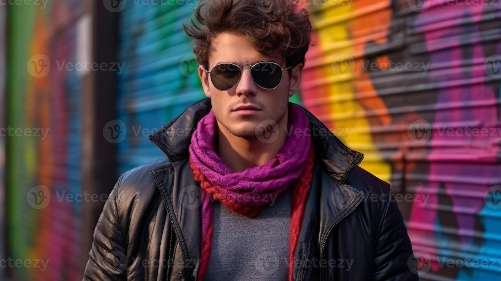 AI generated Man Wearing Sunglasses and Scarf Standing in Front of Colorful Wall photo