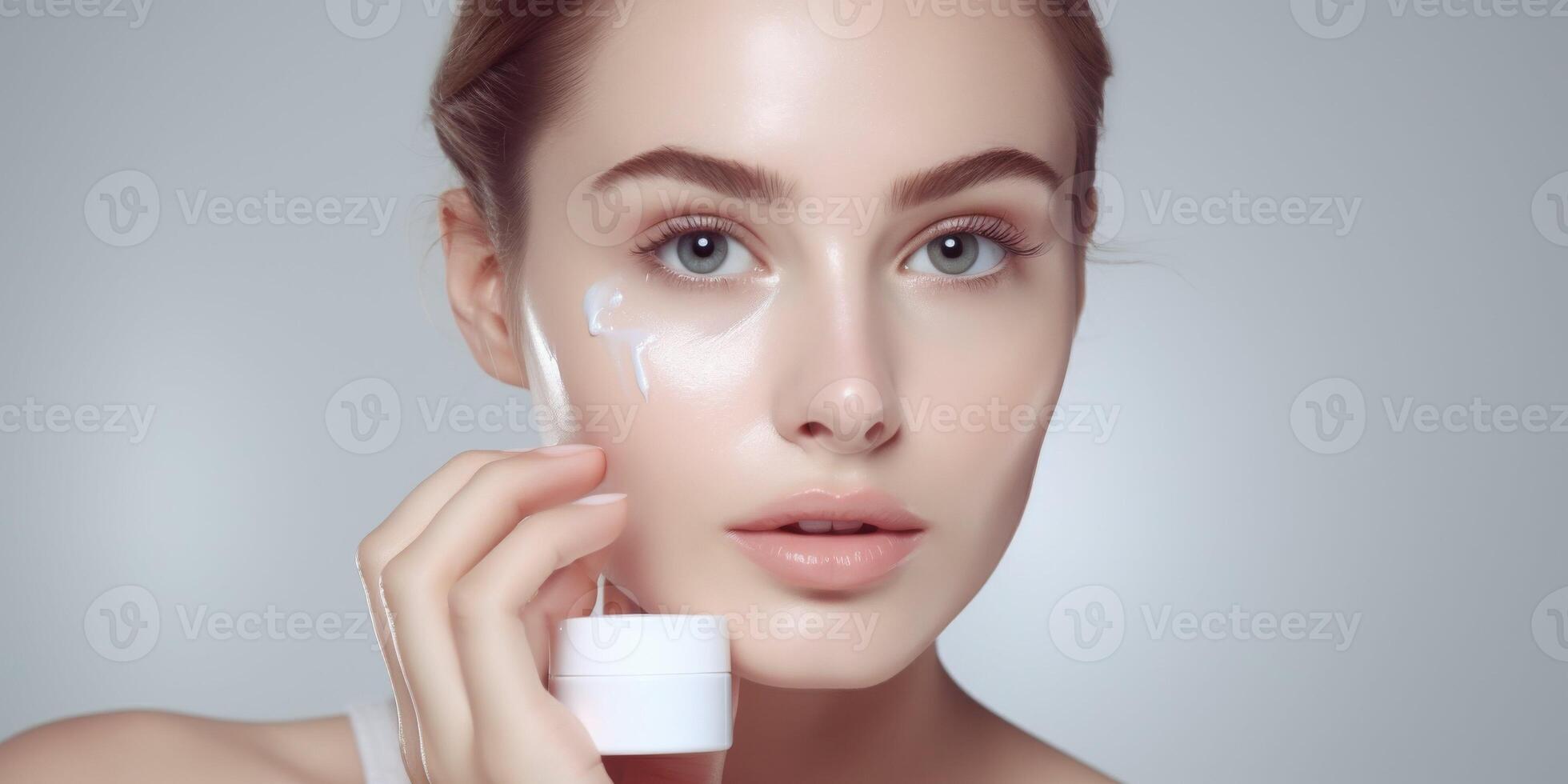 AI generated Woman Holding White Container in Front of Face photo