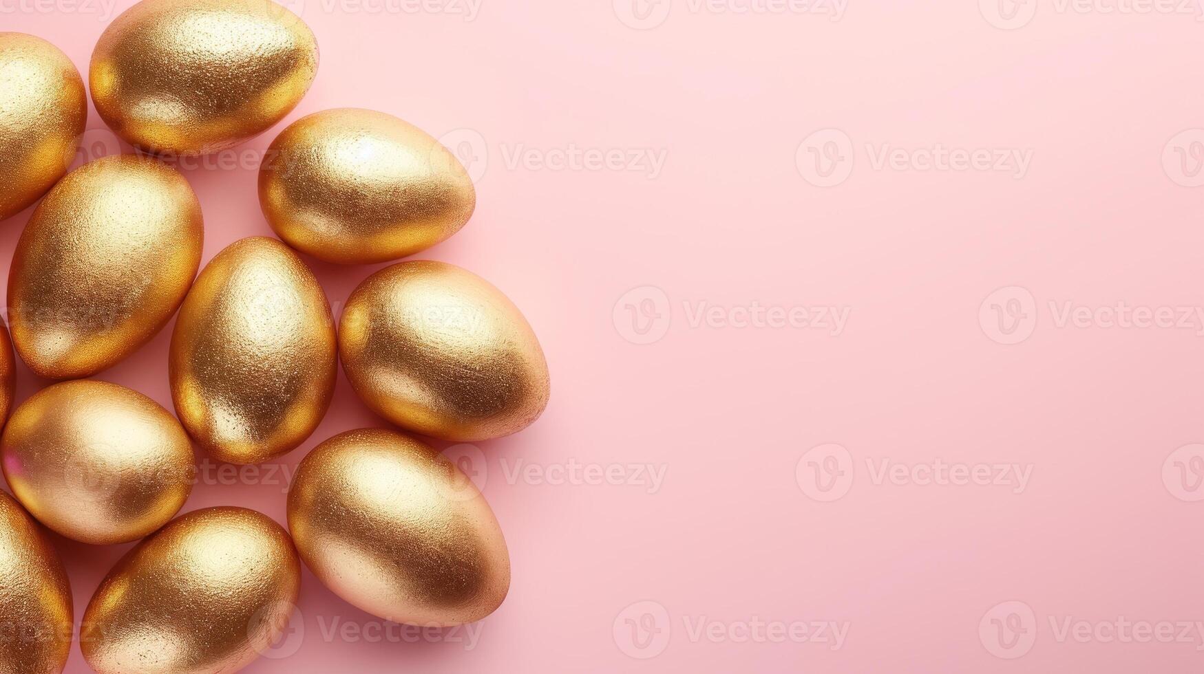 AI generated Easter composition. Easter eggs, confetti on pastel pink background. Flat lay, top view, copy space. photo