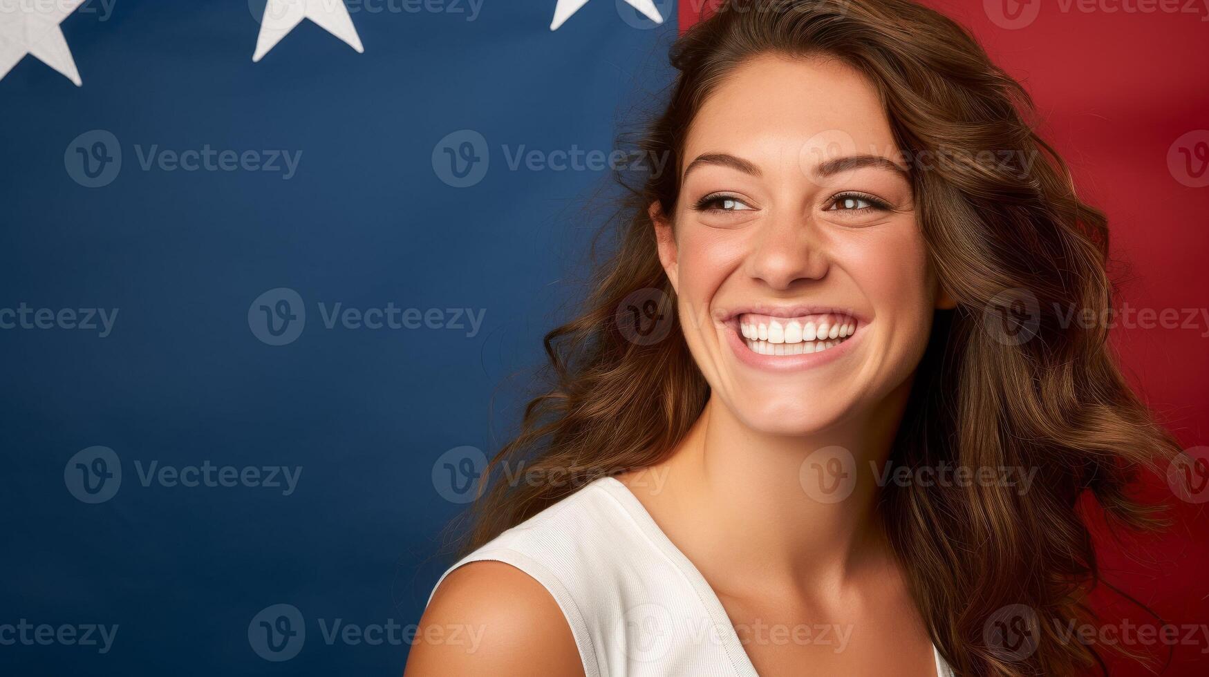 AI generated Woman Smiling in Front of Flag photo