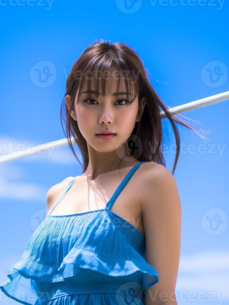 AI generated Woman in Blue Dress Holding White Pole photo