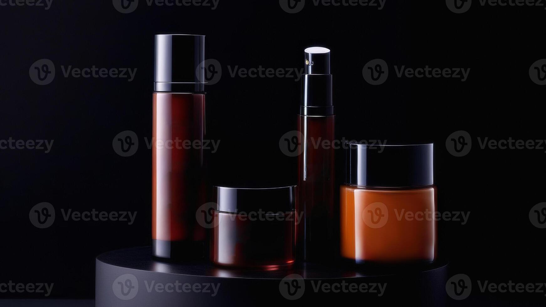 AI generated Black skin care products on a dark round podium stand with copy space and place for text, mockup, template, on a black to gray gradient background photo