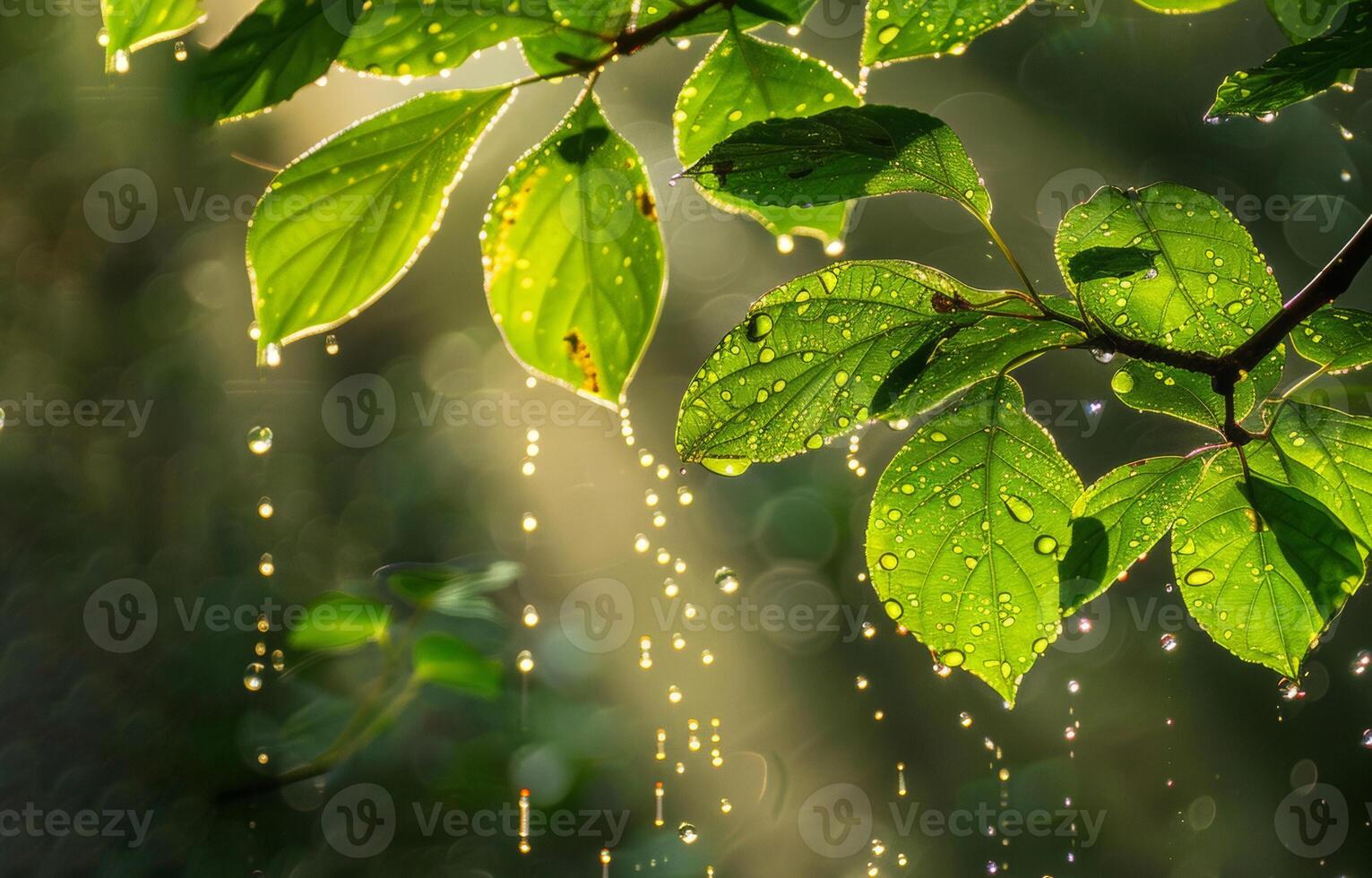 AI generated Sunlight filters through green leaves dotted with water droplets, casting rays of light in a tranquil forest scene photo