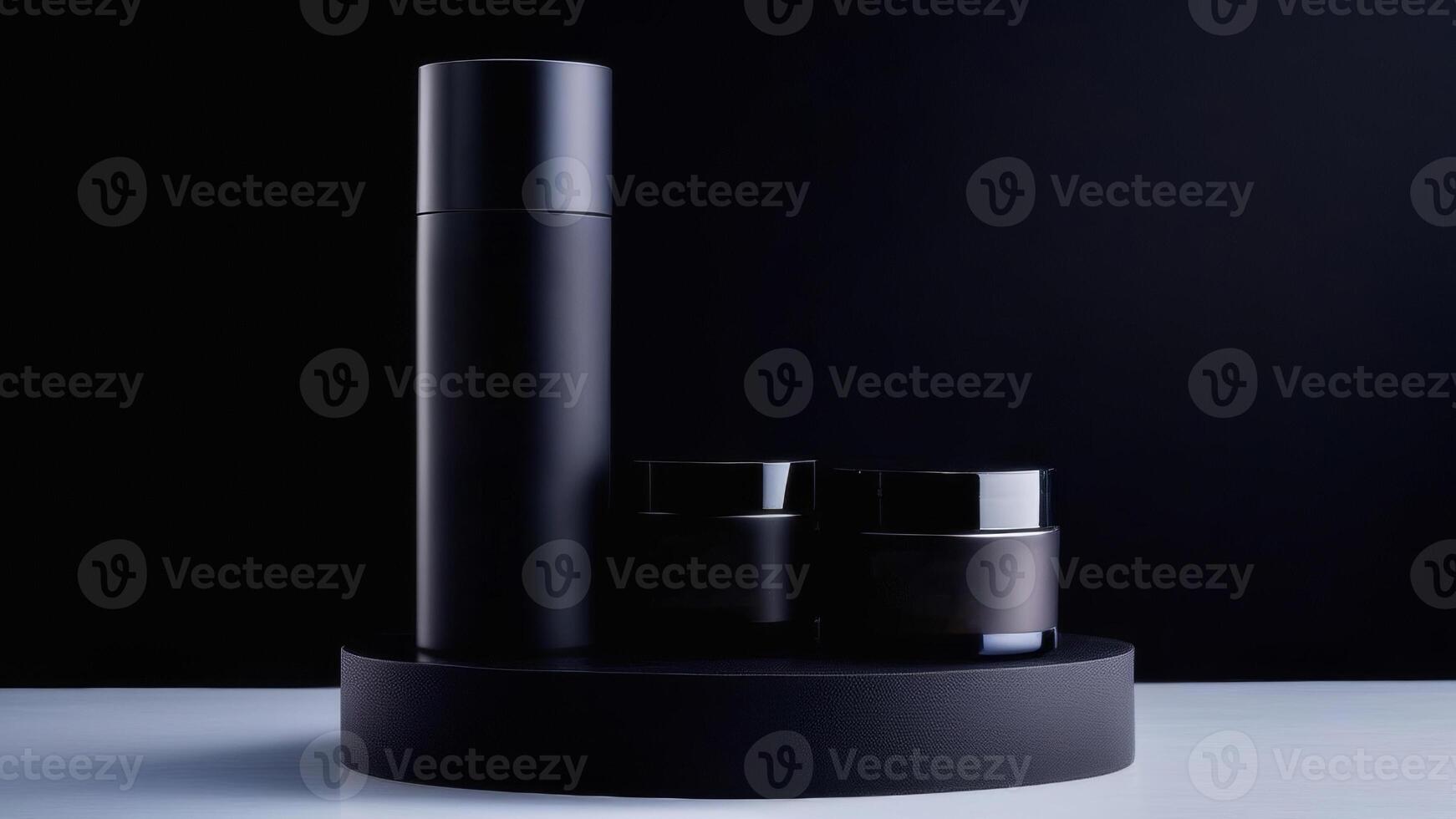 AI generated Black skin care products on a dark round podium stand with copy space and place for text, mockup, template, on a black to gray gradient background photo