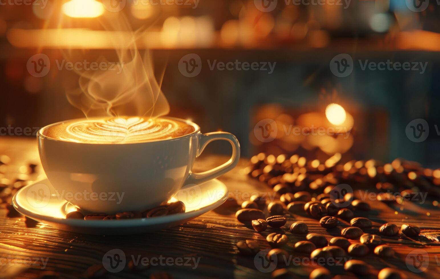 AI generated A steaming cup of coffee with latte art on a saucer decorated with coffee beans, on a rustic wooden table in a cozy kitchen setting photo