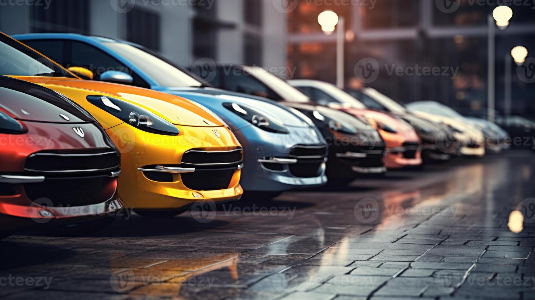 AI generated A row of luxury cars in various colors is displayed in a showroom, with focus on a red vehicle's front side and wheel photo