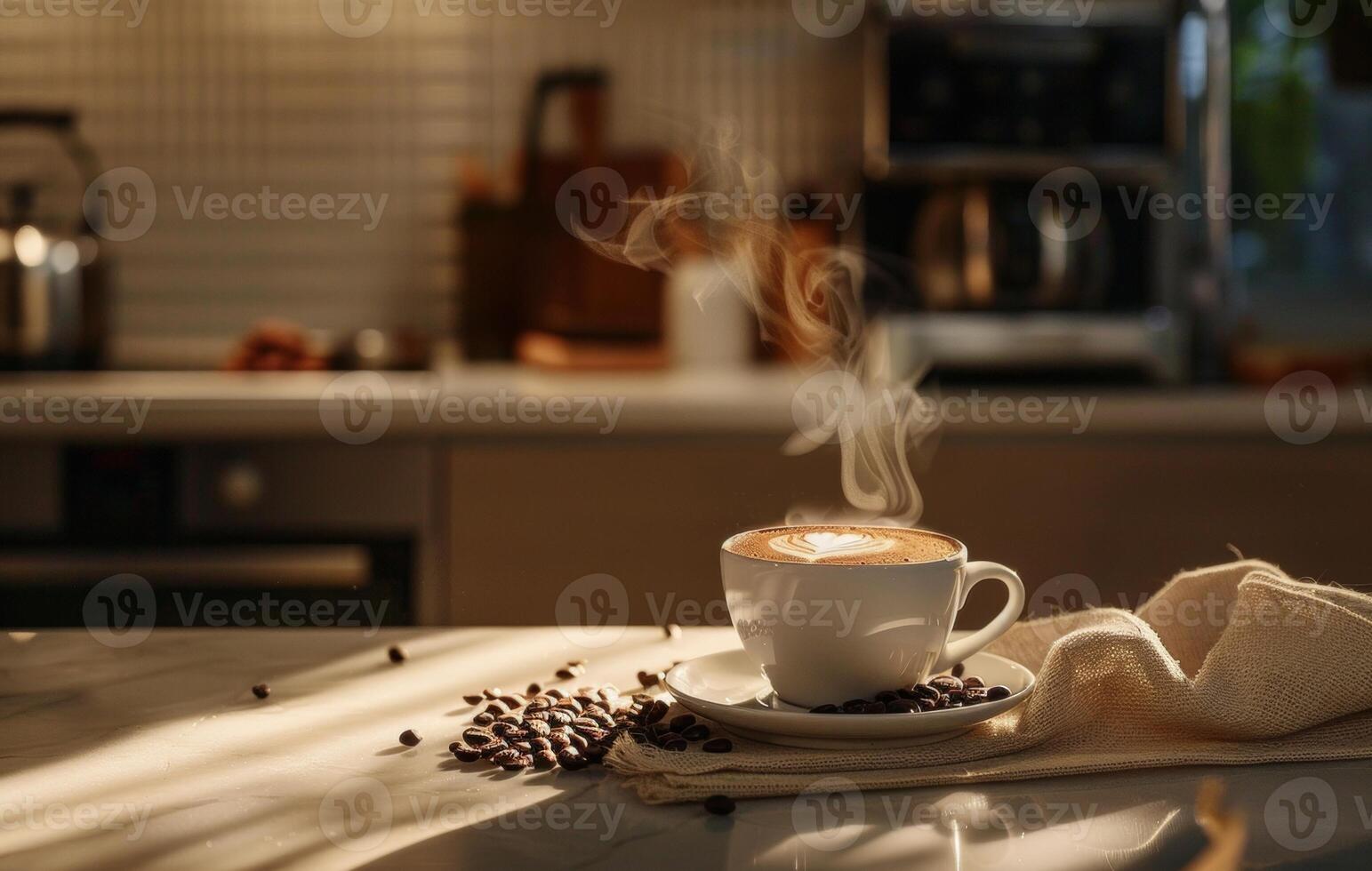 AI generated A steaming cup of coffee with latte art on a saucer decorated with coffee beans, on a rustic wooden table in a cozy kitchen setting photo