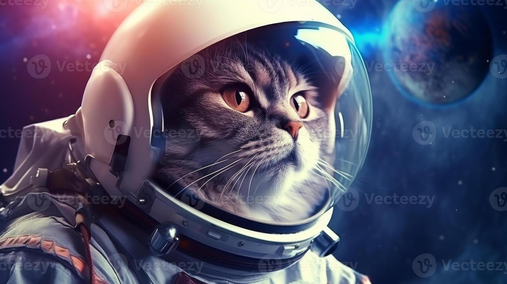 AI generated A cat in an astronaut helmet gazes into space, with cosmic backgrounds of stars and nebulae. The image displays a creative blend of sci-fi and pet themes photo