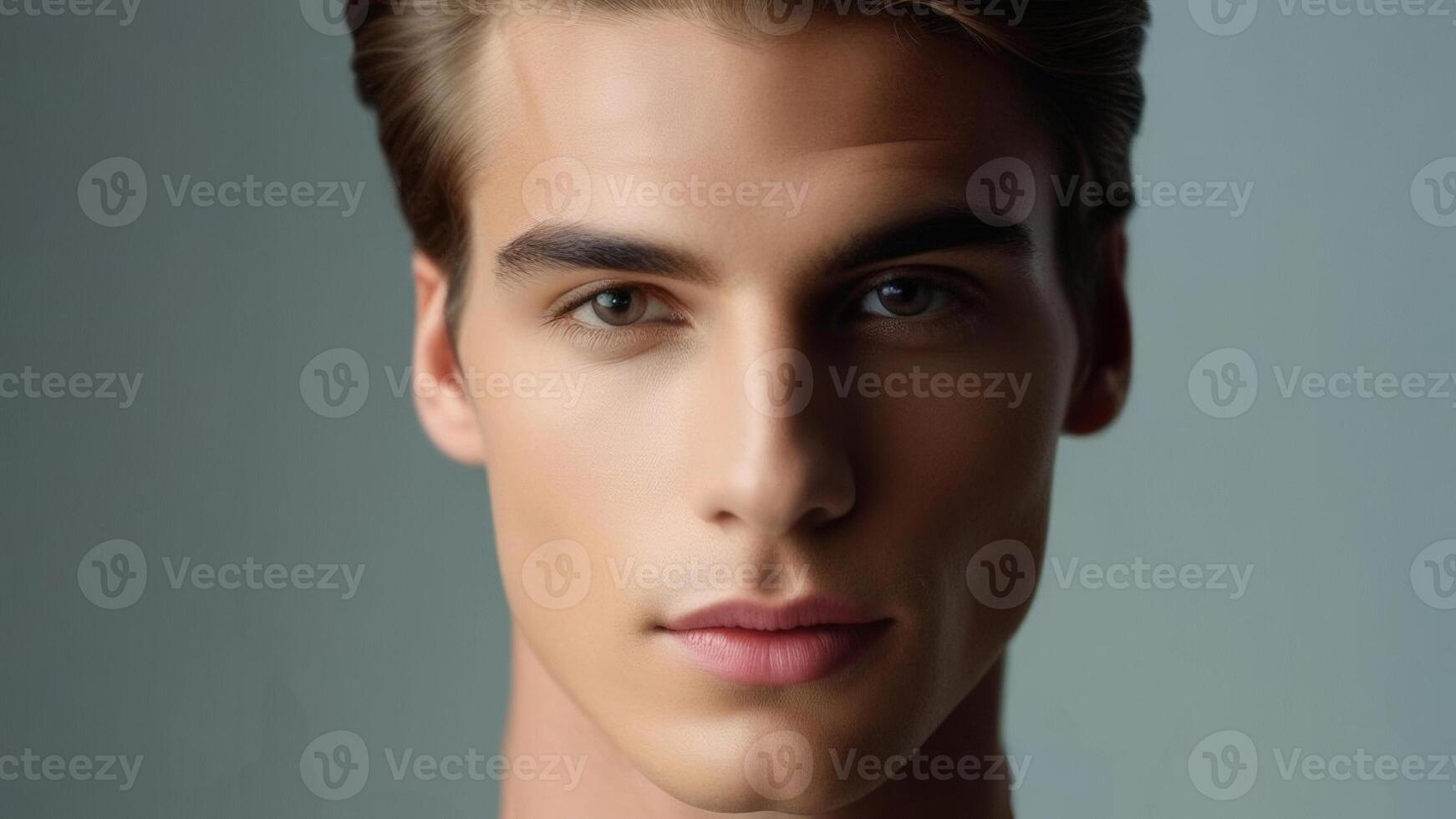 AI generated A young mans face in the foreground with two unbranded lipsticks in sharp focus a dark backdrop highlights the cosmetics photo