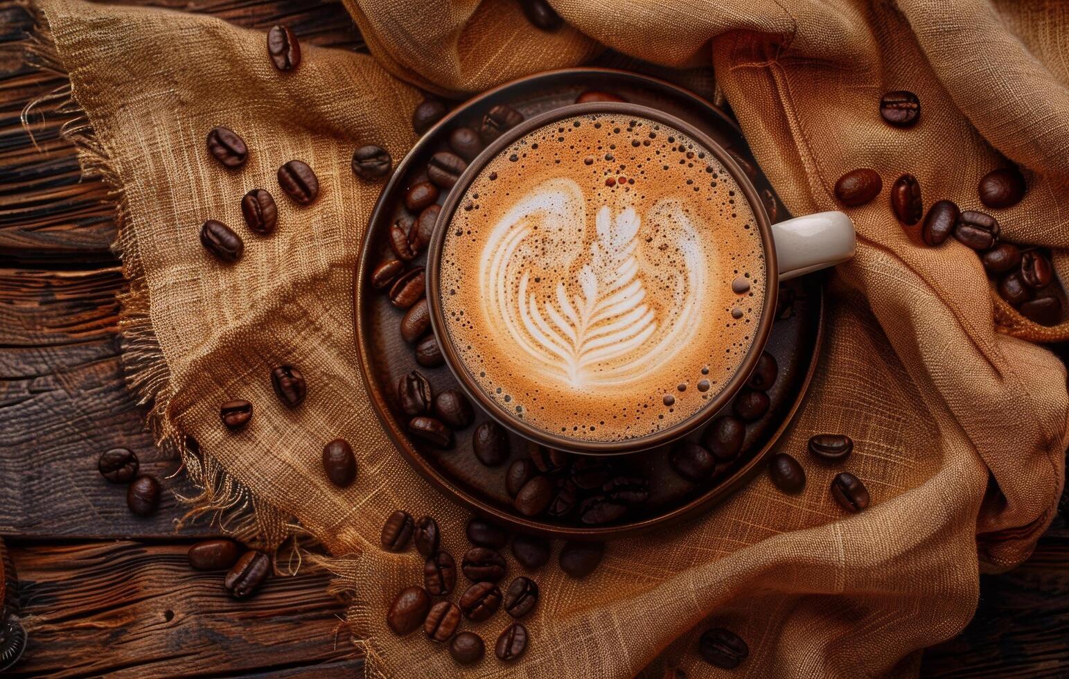 AI generated A warm and inviting cup of latte art on a saucer surrounded by coffee beans, exuding steam, set against a soft, textured backdrop photo