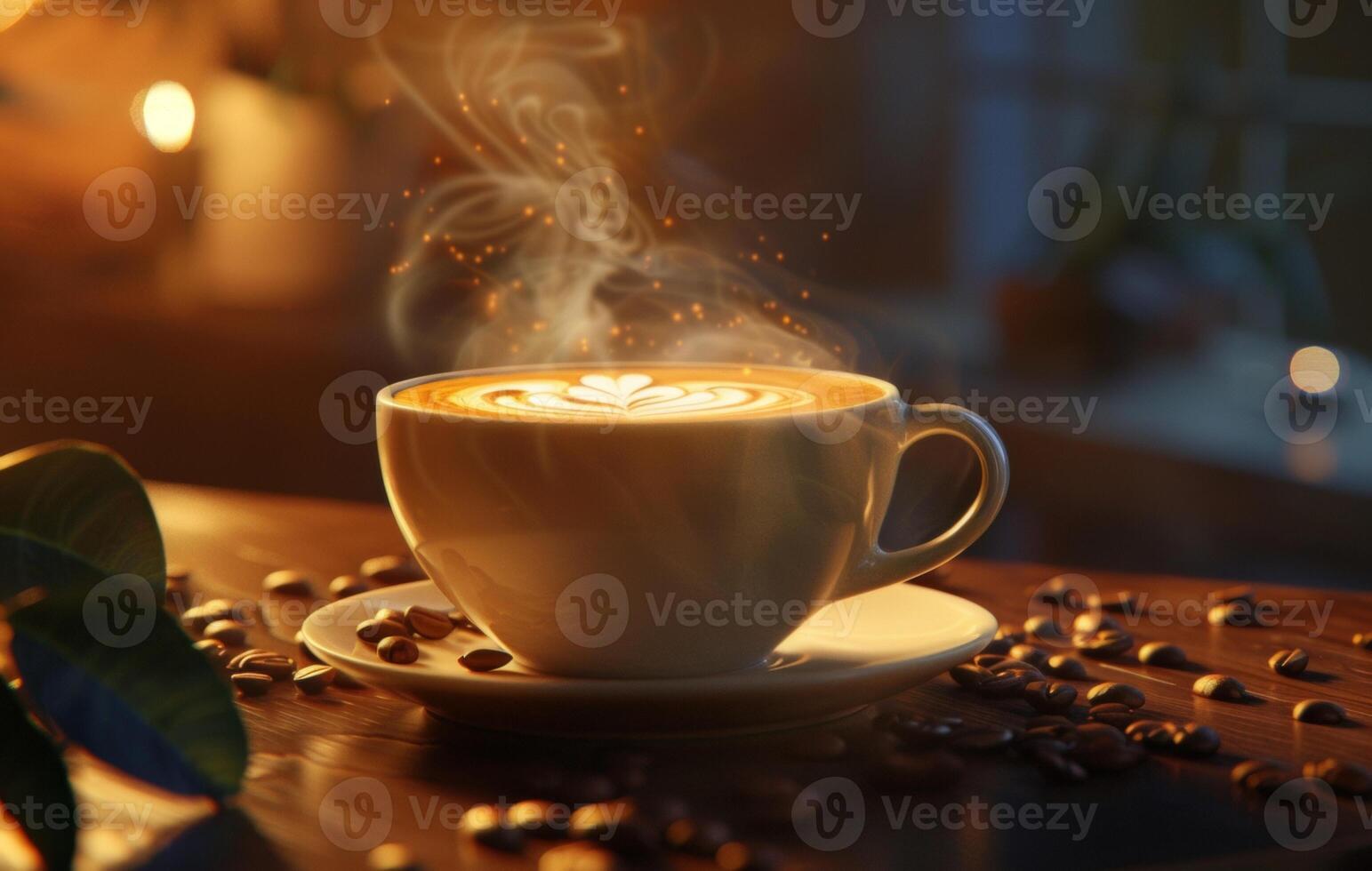 AI generated A steaming cup of coffee with latte art on a saucer decorated with coffee beans, on a rustic wooden table in a cozy kitchen setting photo