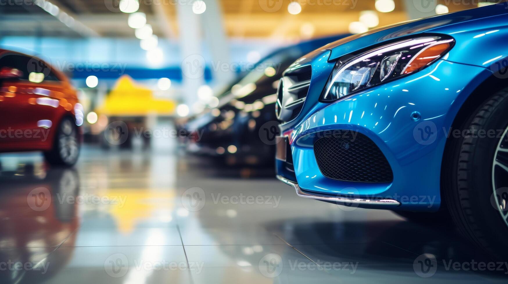 A row of colorful cars at a dealership with a focus on the vibrant front bumpers, showcasing designs and details photo