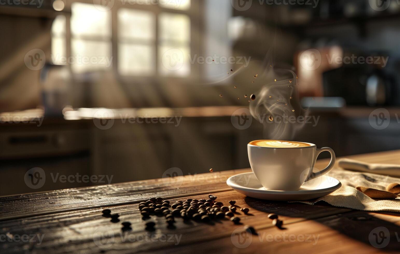 AI generated A steaming cup of coffee with latte art on a saucer decorated with coffee beans, on a rustic wooden table in a cozy kitchen setting photo