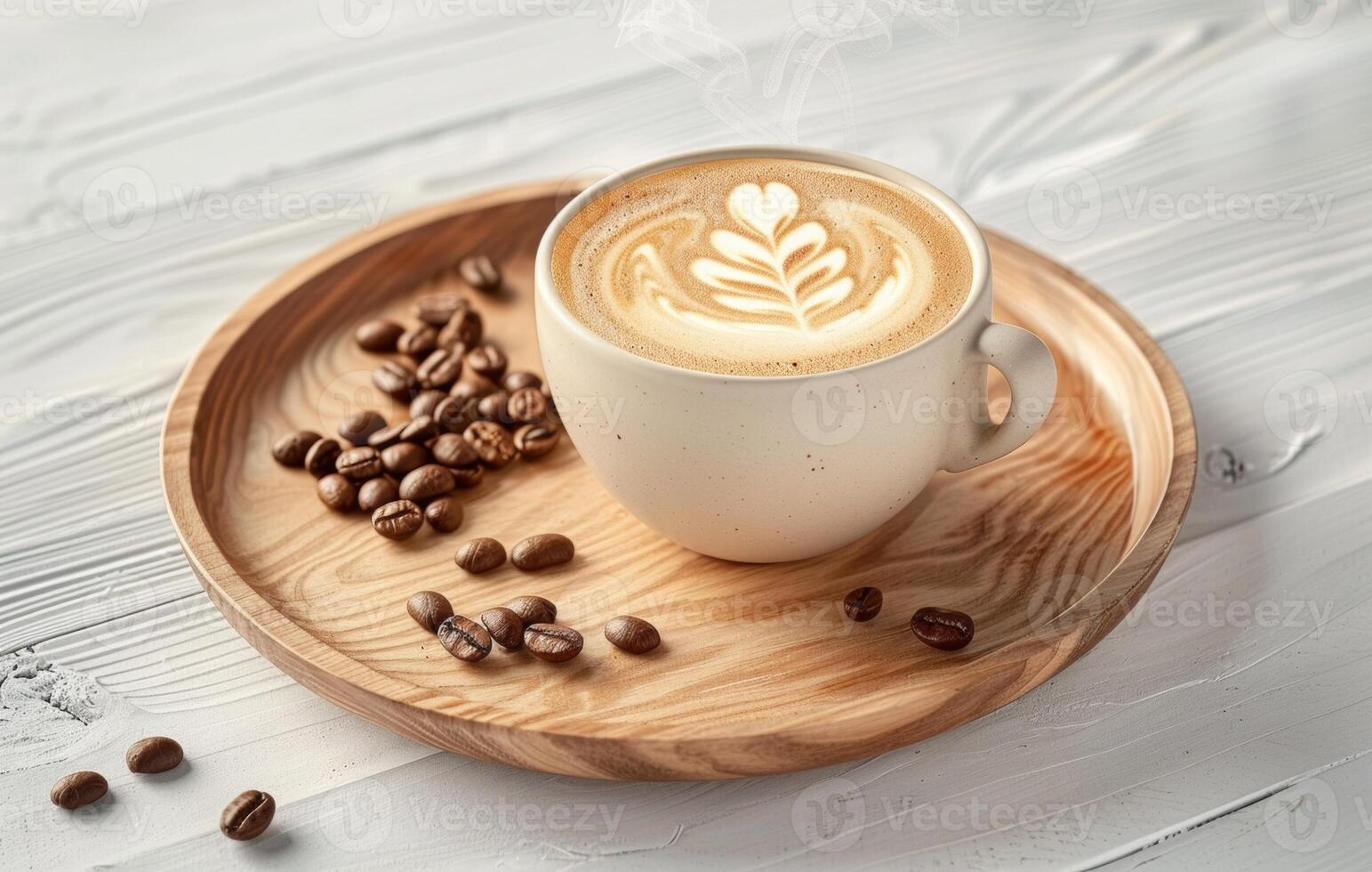 AI generated A top-down view of a cup of latte with artistic foam, surrounded by coffee beans on a wooden tray and white textured surface photo