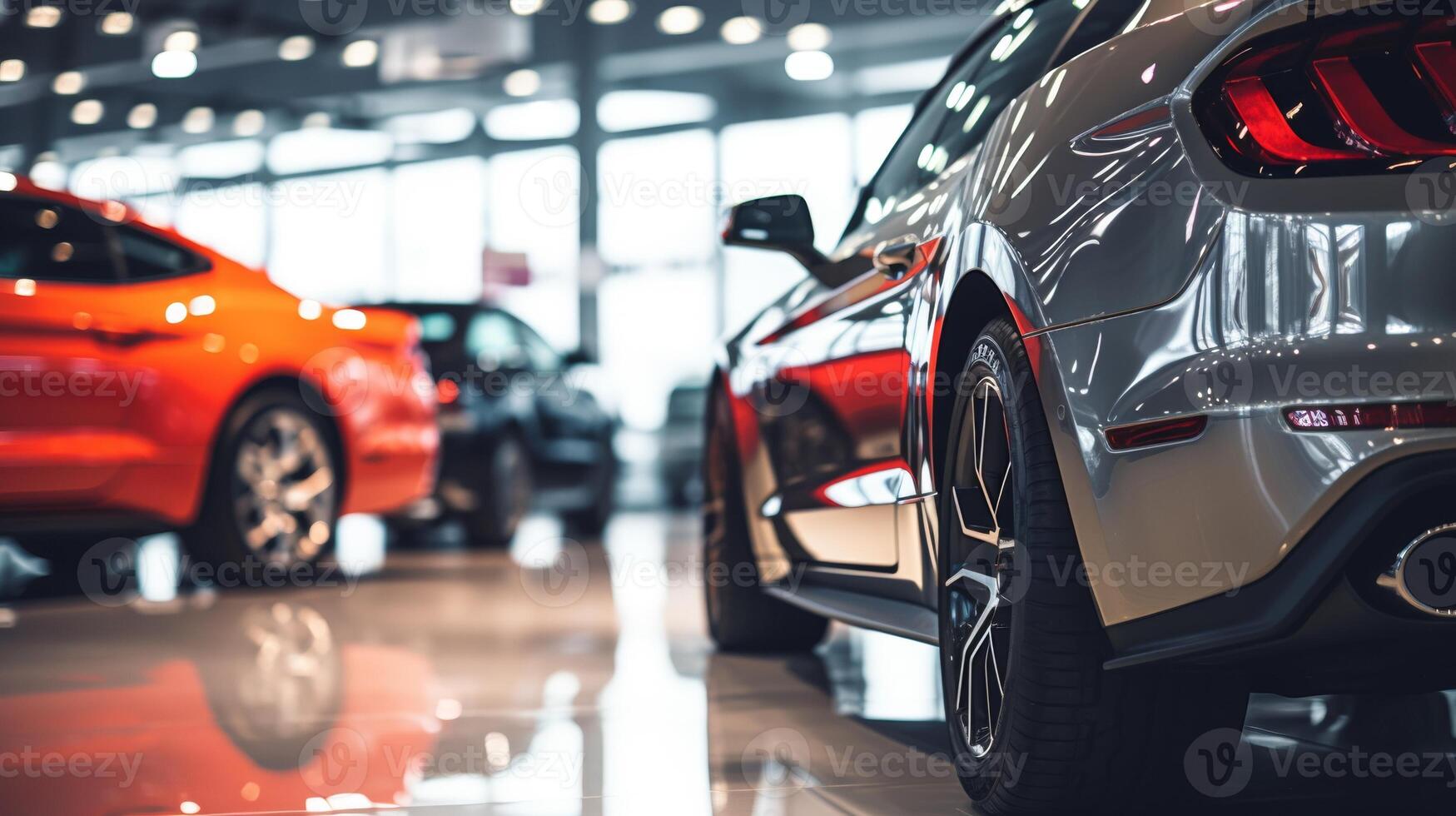 AI generated A close-up view of a shiny red car in a showroom with other vehicles in the background. The focus is on the front headlight and grille area photo