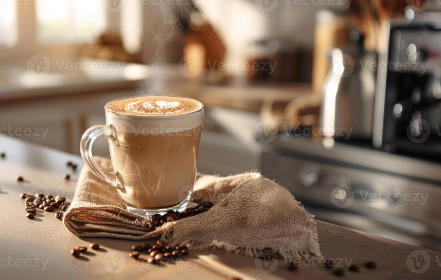 AI generated A steaming cup of coffee with latte art on a saucer decorated with coffee beans, on a rustic wooden table in a cozy kitchen setting photo