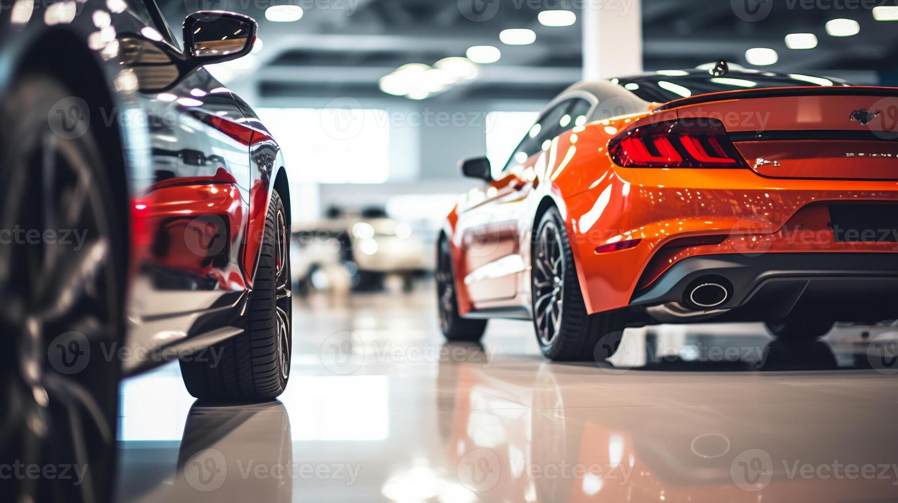 AI generated A close-up view of a shiny red car in a showroom with other vehicles in the background. The focus is on the front headlight and grille area photo