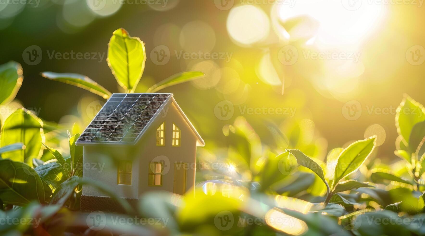 AI generated A model house with a green leaf on the roof is placed next to solar panels with a bright, sunlit background, symbolizing eco-friendly energy solutions for smart homes photo