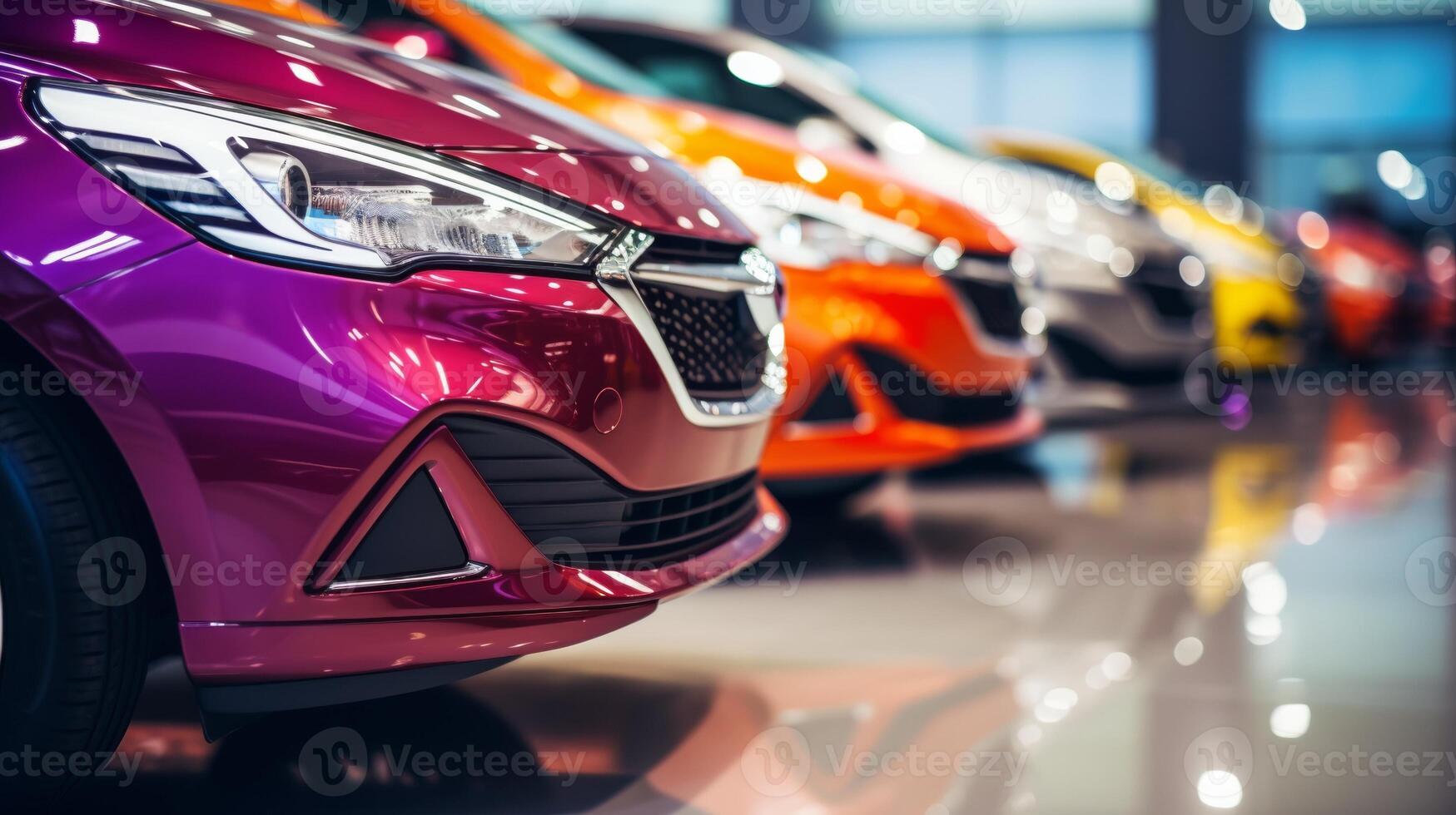 AI generated A close-up view of a shiny red car in a showroom with other vehicles in the background. The focus is on the front headlight and grille area photo