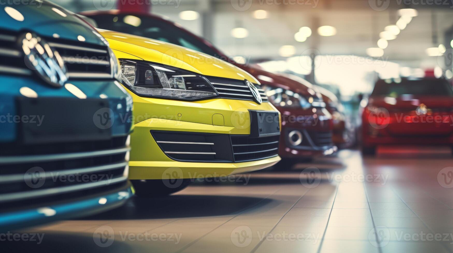 AI generated A lineup of colorful luxury cars in a show room, showcasing a prominent yellow car in front with a focus on the headlight and grille photo