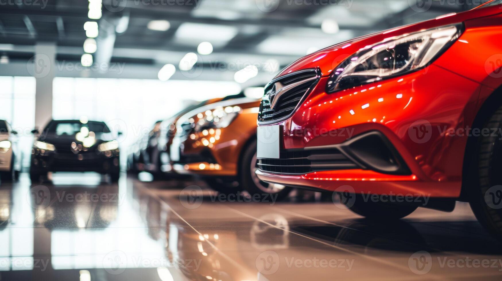 AI generated A close-up view of a shiny red car in a showroom with other vehicles in the background. The focus is on the front headlight and grille area photo