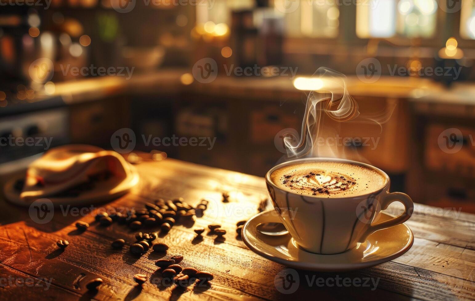 AI generated A steaming cup of coffee with latte art on a saucer decorated with coffee beans, on a rustic wooden table in a cozy kitchen setting photo