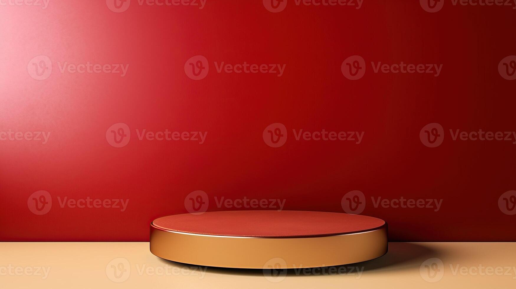 AI generated A simplistic, elegant product display featuring a golden cylindrical podium against a vibrant red background with a white foreground. Ideal for cosmetic branding photo