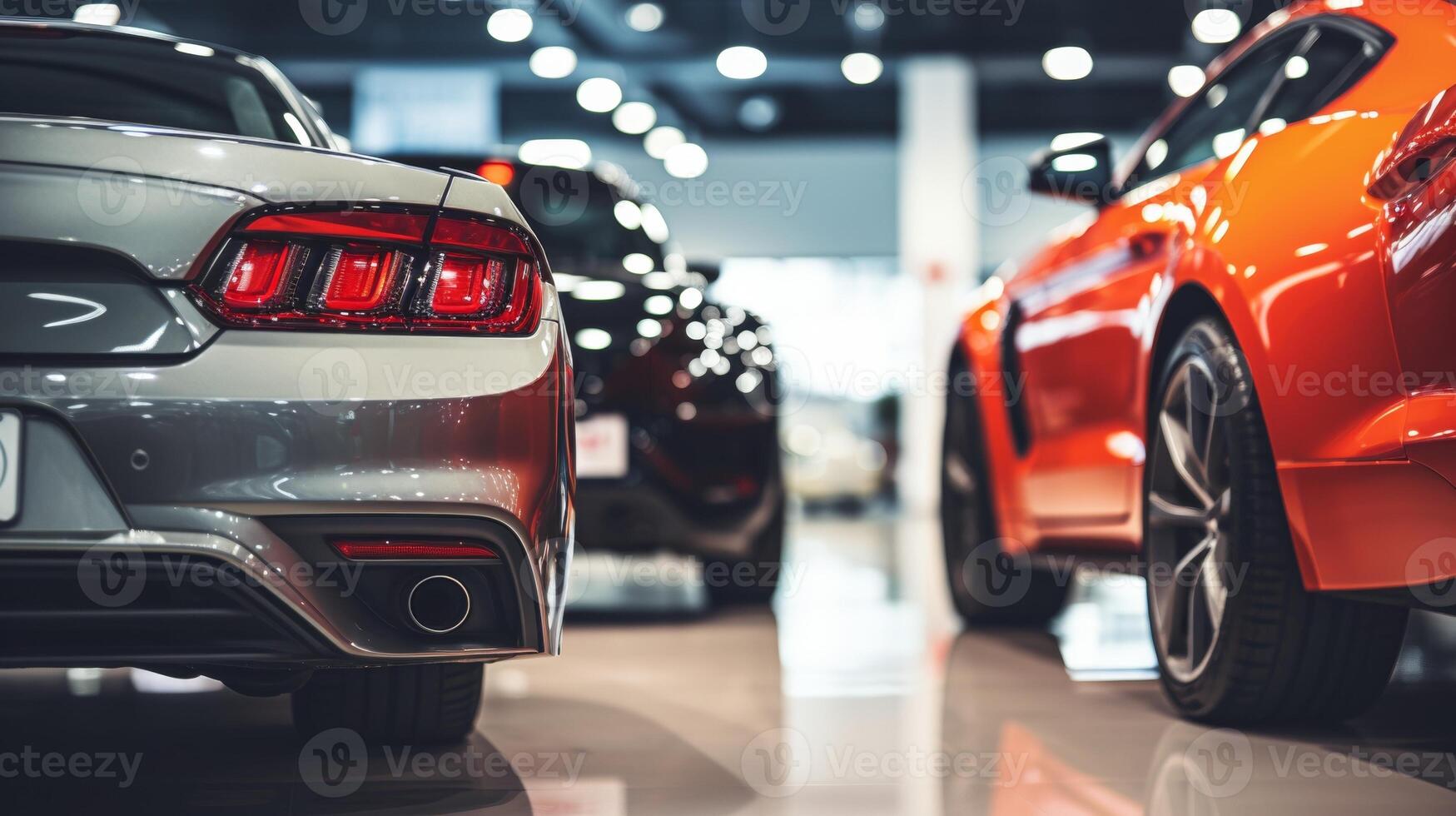 AI generated A close-up view of a shiny red car in a showroom with other vehicles in the background. The focus is on the front headlight and grille area photo