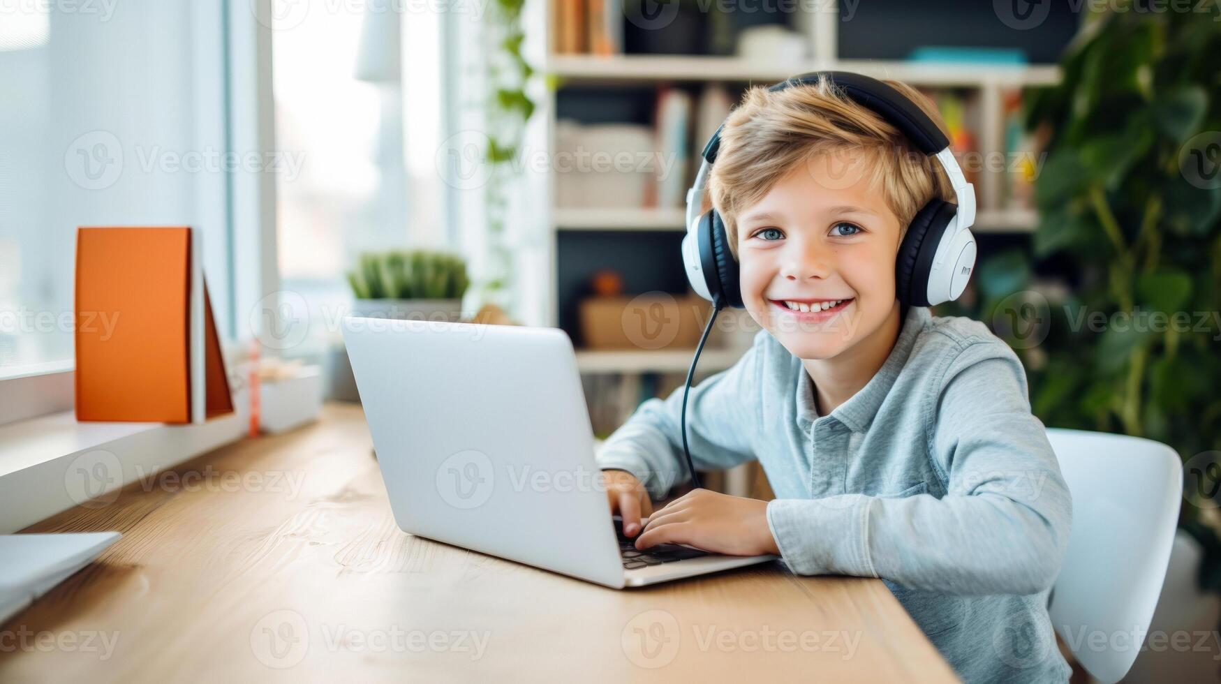 AI generated A young student engages with a laptop wearing headphones, likely participating in online learning at home, a modern shift in education photo