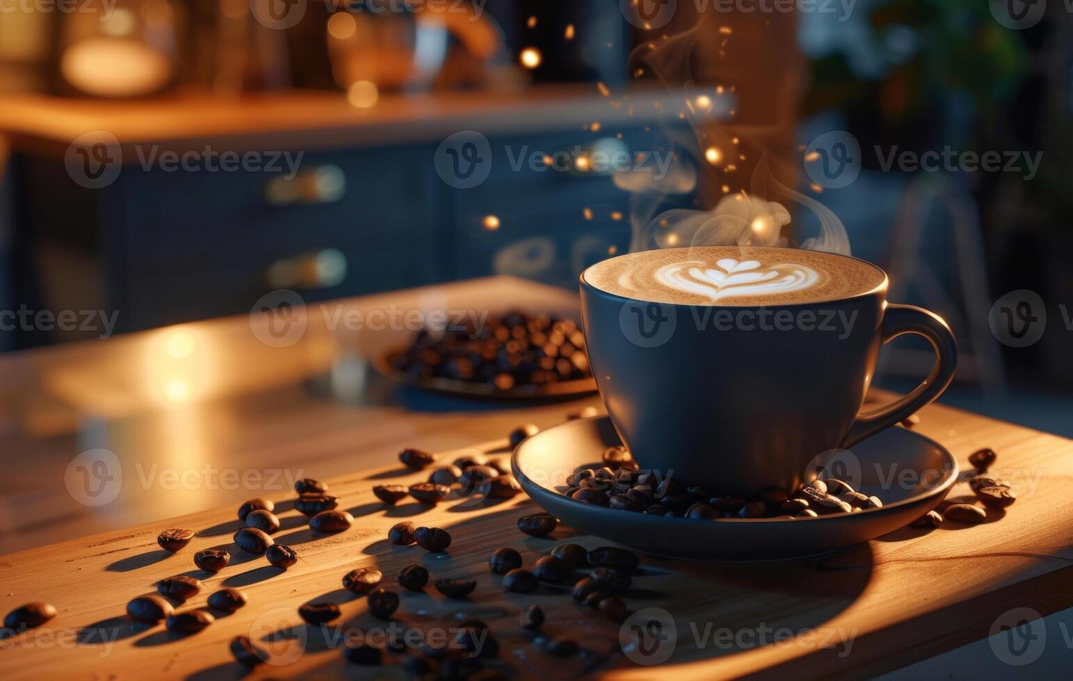 AI generated A steaming cup of coffee with latte art on a saucer decorated with coffee beans, on a rustic wooden table in a cozy kitchen setting photo