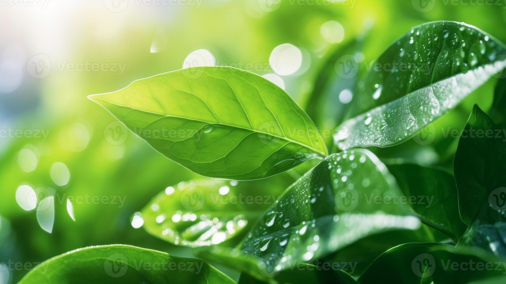AI generated A close-up of a green leaf with water droplets under sunlight, highlighting the intricate patterns and fresh appearance of the foliage photo