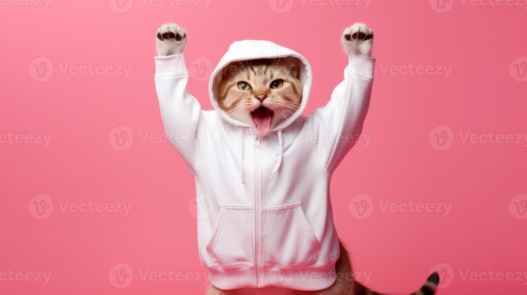AI generated Fashion-forward cat in sunglasses and hoodie strikes a playful pose on a pink background, with ample space for your text photo