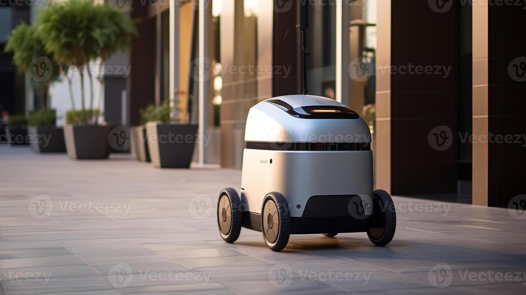 ai generado el foto muestra un compacto, autónomo entrega robot con un pulido diseño, navegando un corredor adentro, posiblemente Listo para sin contacto entrega