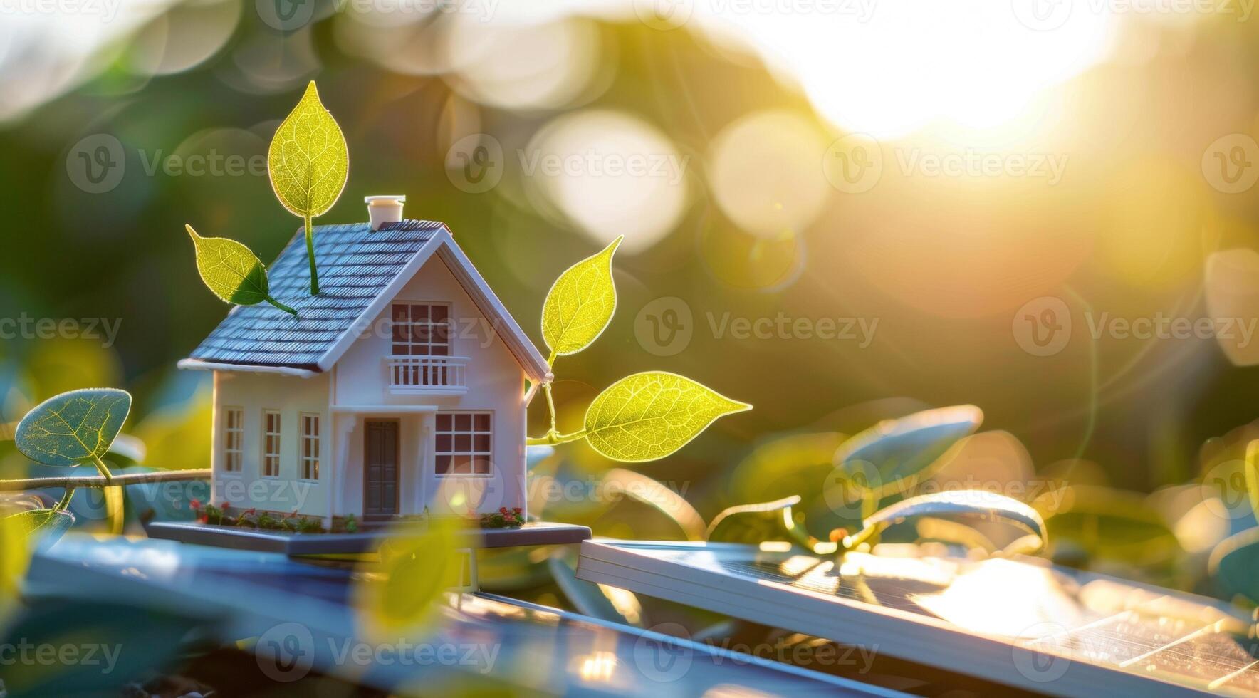 AI generated A model house with a green leaf on the roof is placed next to solar panels with a bright, sunlit background, symbolizing eco-friendly energy solutions for smart homes photo